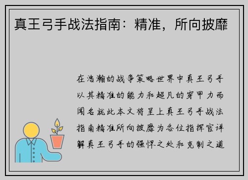 真王弓手战法指南：精准，所向披靡